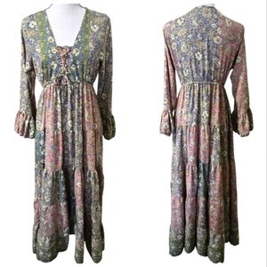 Anthropologie Boemo Romantic Lace Up Floral Long Sleeve Maxi Dress